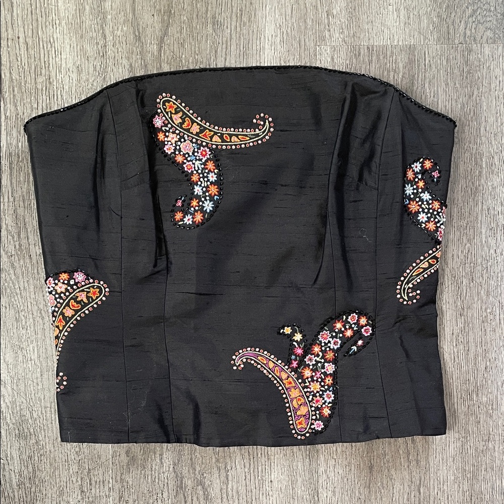 Ann Taylor Black Strapless Embroidered Paisley Crop Top